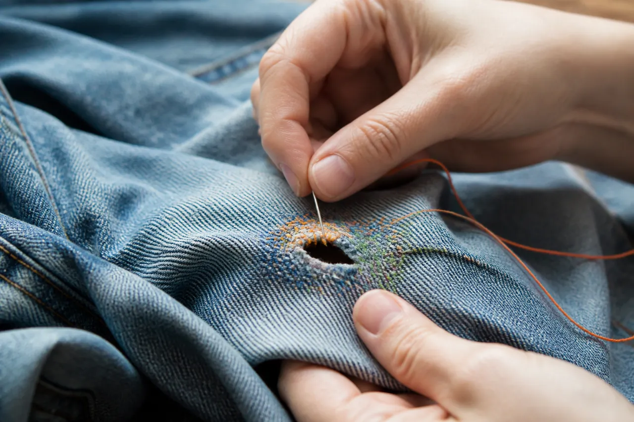 Broder un trou dans un pantalon pour le cacher