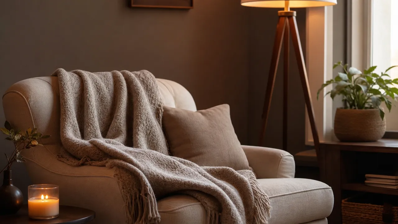 Coin lecture cocooning avec plaid et bougie allumée