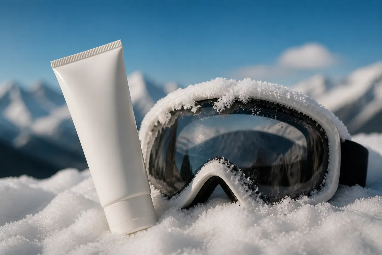 Crème solaire en hiver sur fond de neige