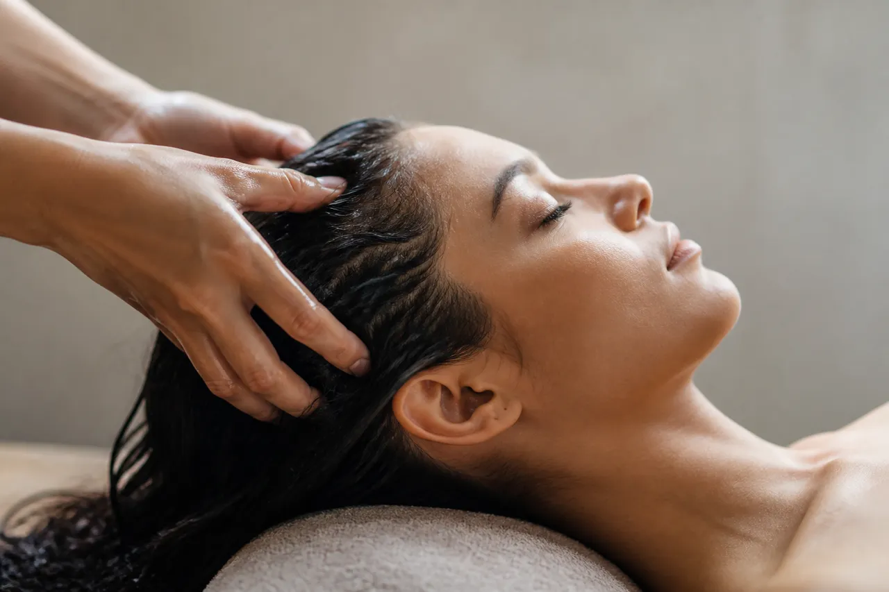 Massage du cuir chevelu avec une huile pour faire pousser les cheveux